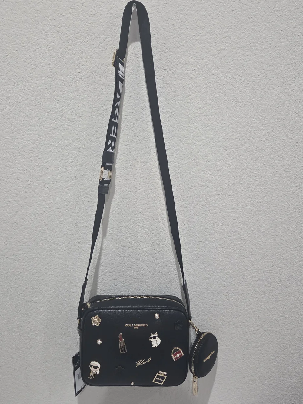 Karl Lagerfeld Black Crossbody Bag with Logo Strap Charm Pouch Pins NWT L6DEU6CJ